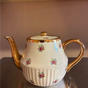Vintage Arthur Wood White Porcelain Teapot with Gold Trim and Rose Motif